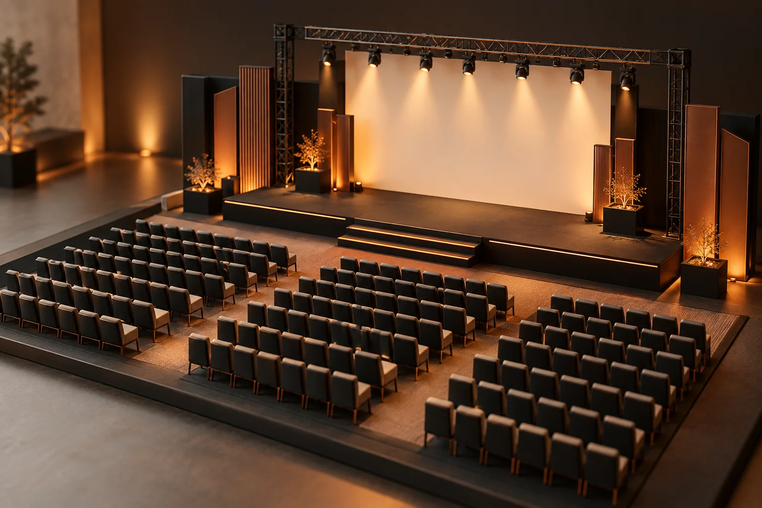Illustrative concept — AI-generated miniature auditorium model with a blank stage and warm lighting
