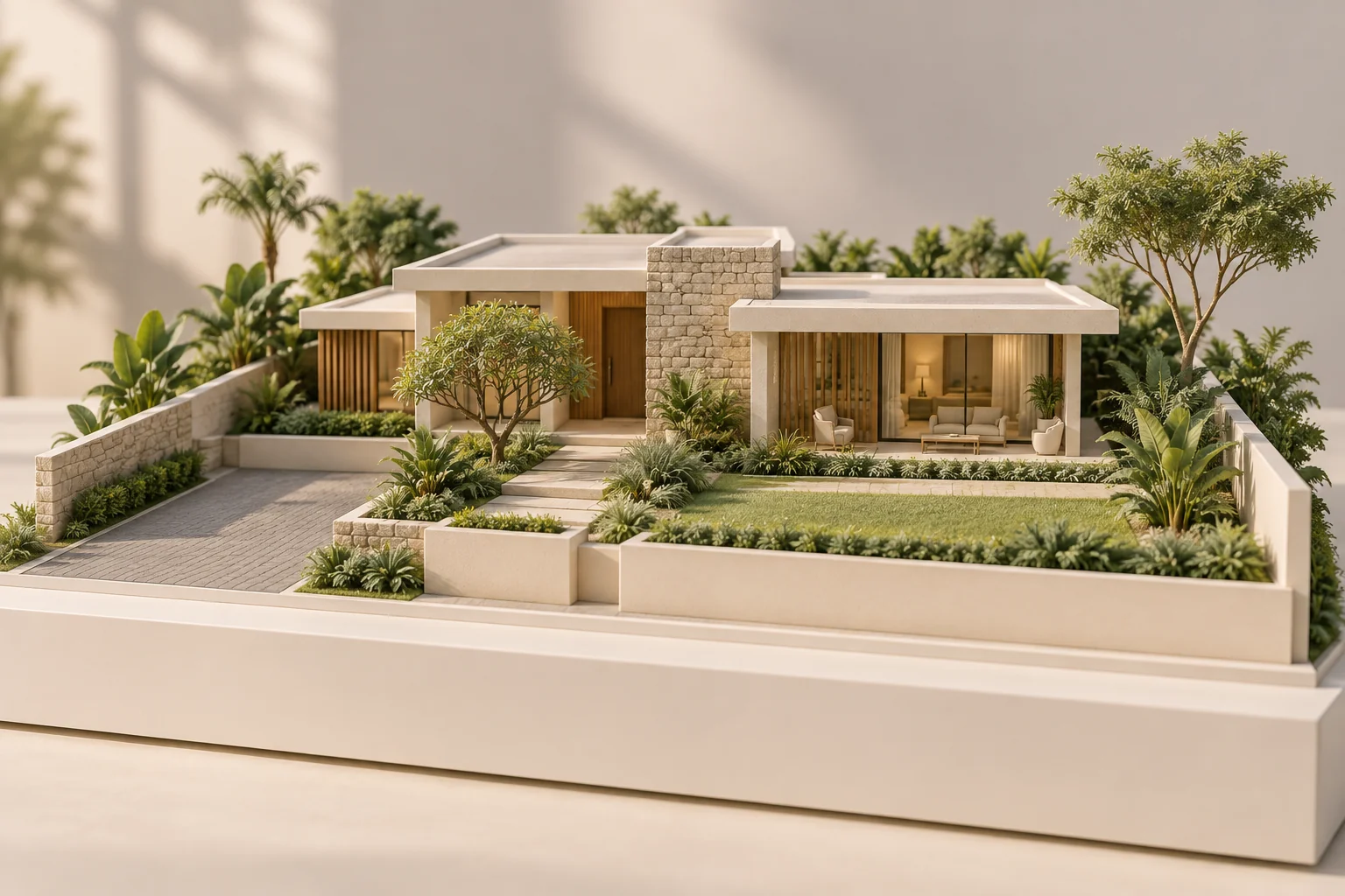 Illustrative concept — AI-generated miniature model of a home with a landscaped compound