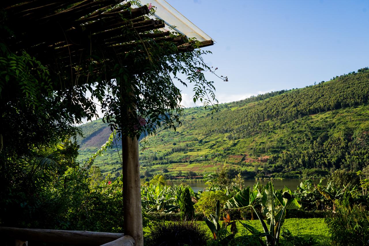 View from the balcony over Lake Muhazi and terraced hills