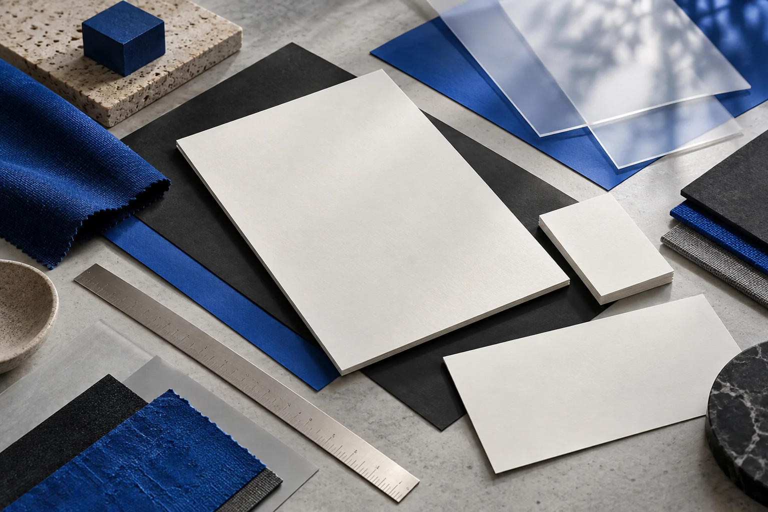 Illustrative concept — AI-generated arrangement of blank stationery, material swatches and cobalt accents