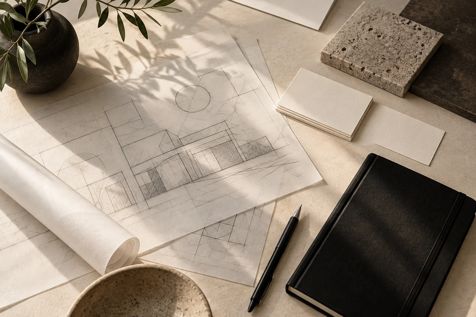 Illustrative planning still life with tracing paper, black cards and drafting tools